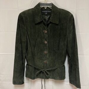 J Chaus Dark Green Suede Leather Belted Jacket Womens M Classic Business Elegant